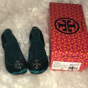 Tory Burch green satin flats
